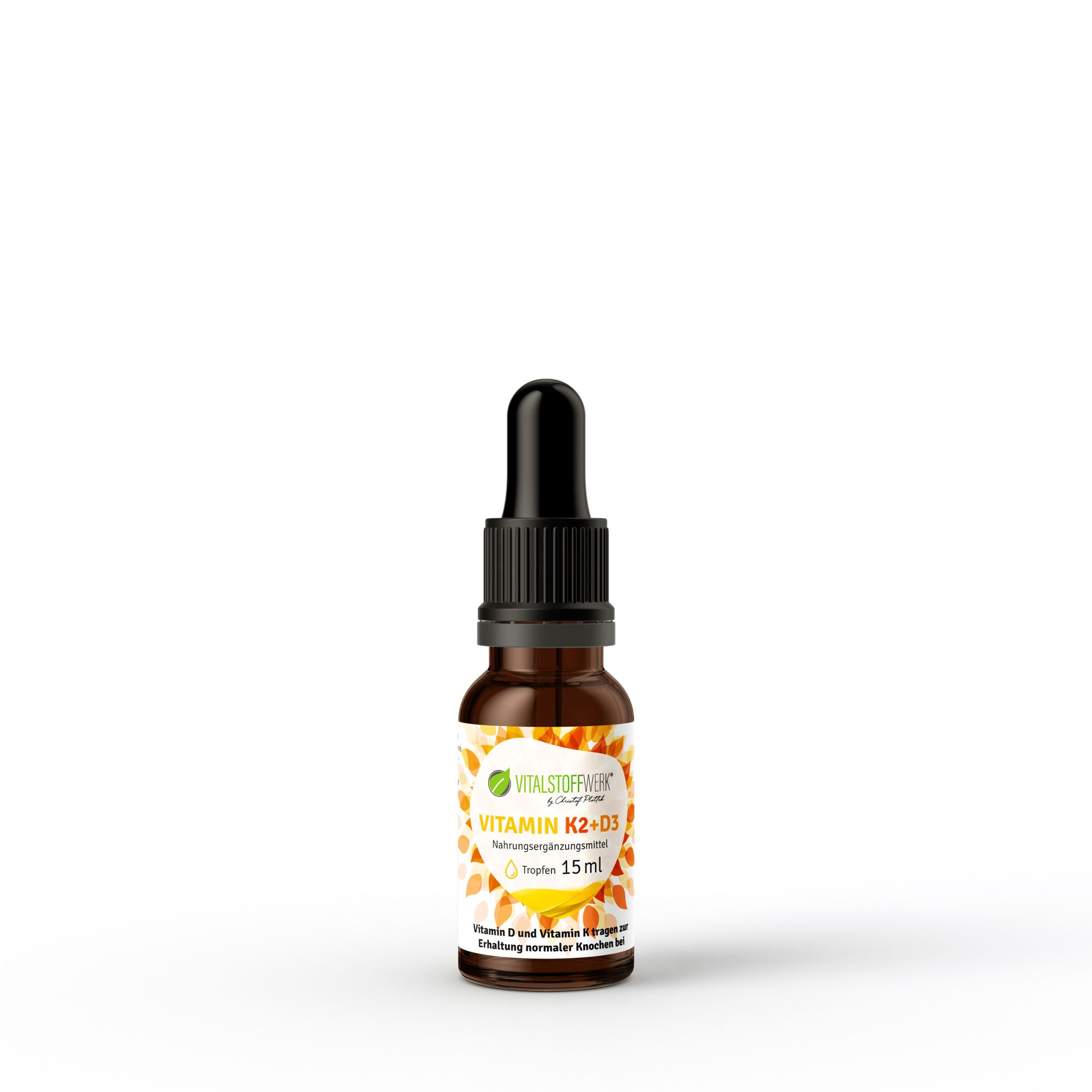 Vitamin-K2+D3_Tropfen_15ml_front, Kräuter, Pflanze, Flasche, Zinn